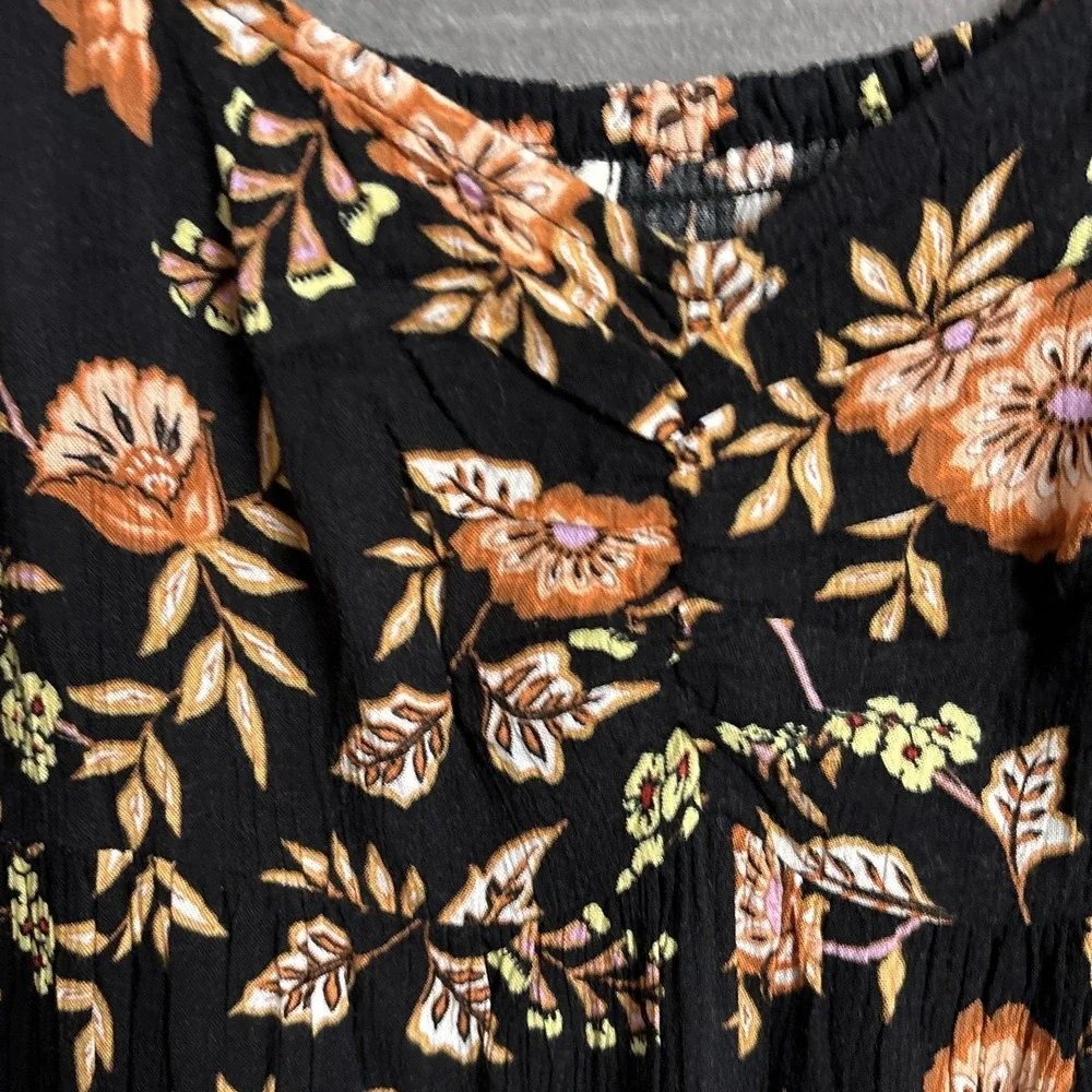 Billabong Dress M Black Floral Smocked Puff Sleeve Midi Gauzy Boho Babydoll - Picture 5 of 10